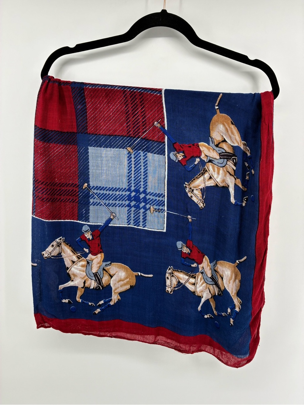 Classic Polo Player Print Scarf in Navy and Red Horse Equestrian Preppy Fall